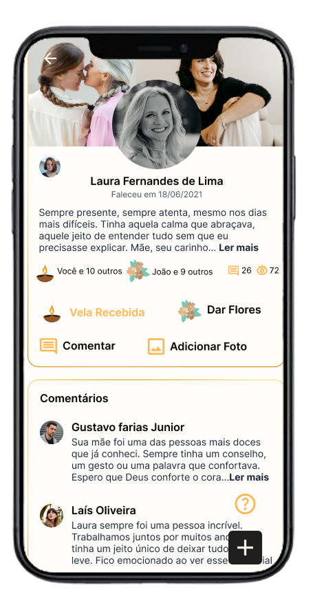 Tela do app mostrando um memorial com fotos, mensagens e homenagens